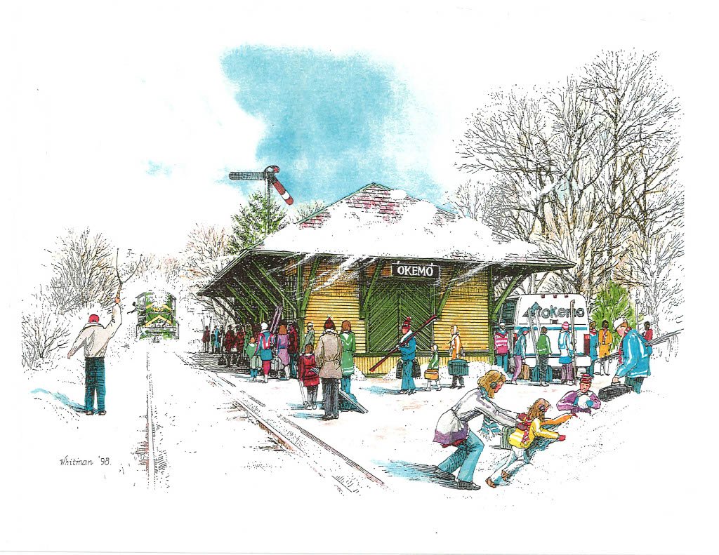 A 1998 watercolor illustration of an imagined Okemo station in winter: skiers with gear on a snowy platform beside a small green depot with an OKEMO sign, a semaphore signal, an approaching train and a shuttle van.