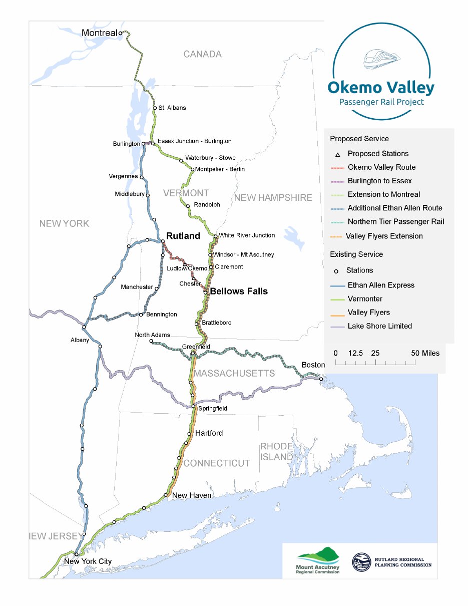Regional map of Amtrak routes from New York, Boston and Montreal into Vermont, with the proposed Okemo Valley Route between Bellows Falls and Rutland shown as a dashed line and proposed stations at Chester and Ludlow/Okemo.